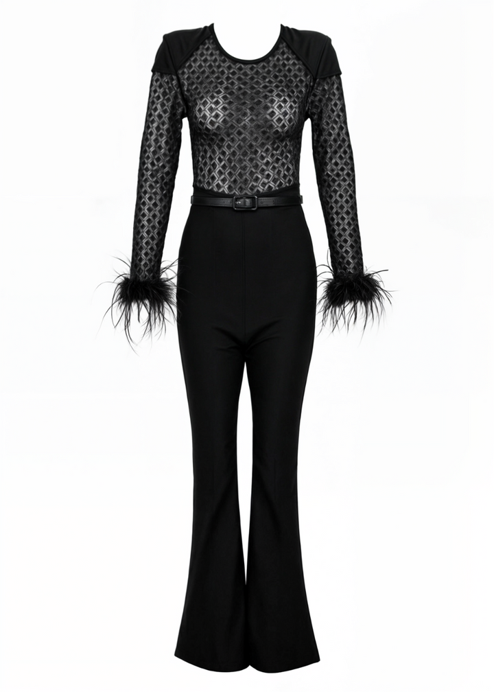 Cassie Lace Fur Sleeves Jumpsuit